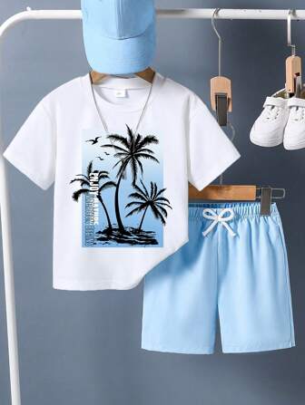 Young Boy Palm Tree Print Short Sleeve T-Shirt And Shorts Set
