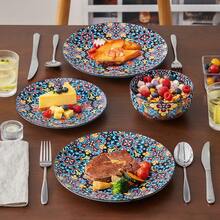 vancasso 12 Pieces Porcelain Dinnerware Set, Multicolour, Dinner Plate, Dessert Plate And Bowl Set For 4 Person, Polychrome, Blue, Ceramic Stamping In Bohemian Style - Multicolor - View 6