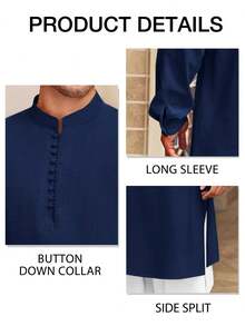 Runcati Men's Cotton Linen Henley Button Down Thobe Long Sleeve Casual Muslim Kaftan Gown - Màu xanh hải quân - Xem 5