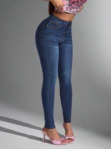 Jeanoix 高弹斜口袋休闲紧身牛仔裤 - 深色水洗藍 - 查看 5