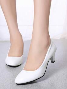 大码女士时尚高跟一脚蹬浅口鞋，适合办公室工作，尺码偏小 - 白色 - 查看 2