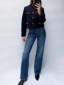 Neuer Damen-Kurzmantel mit Knopfleiste und angedeuteten Taschen für den Herbst, geeignet für Verabredungen, Urlaub, Geburtstage, Partys, Reisen und Freizeit.