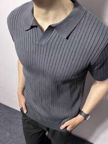 男士夏季罗纹领短袖针织上衣 - 深灰色 - 查看 2