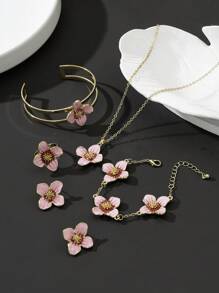 1 conjunto romântico de colar com pingente de flor de quatro folhas pintadas em rosa suave, 1 par de brincos, 1 anel, 1 pulseira, 1 bracelete - conjunto de joias femininas
