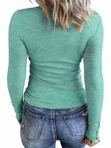 Women's Long Sleeve Henley Shirts Button Down Tops Scoop Neck Ribbed Knit Shirts - 綠色 - 查看 2