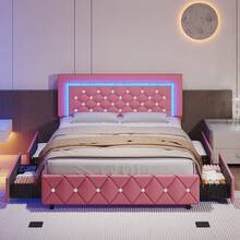 Twin/ Full/ Queen Bed Frame With Drawers, Upholstered Bed Frame With LED Lights, Modern Platform Bed Frame With Headboard And Footboard, Diamond Tufted Design, No Box Spring Needed, White/ Pink/ Black/ Purple/ Yellow (Twin Size 2 Drawers/ Other Size 4 Drawers) * Bed Frame Queen Bed Frame Bed Queen Bed Frame King Bed Frame Bedroom Furniture Bed Frame Full Full Size Bed Frame Twin Bed Frame Beds Cozy Bedroom Home Bedroom Refresh Room Decor Home Decor Christmas Decor Bedroom Decor Valentine Day Decor Storage Living Room Decor Furniture House Decor Halloween Decorations  ( USB LED Strip) - 粉色 - 查看 11