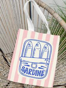 1pc Durable Canvas Tote Bag With Sardine Fish Pattern, Double Sided Graphic Shopping Bag, Great Gift For Friends, Back To School - Multicolor - View 4