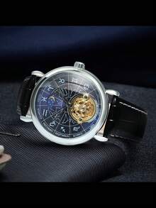 T-WINNER 1 pieza Reloj mecánico automático de moda con diseño luminoso del zodíaco chino para hombres, reloj de esqueleto de tourbillón, relojes de lujo de marca superior para hombres, regalo con caja - Azul - Ver 5
