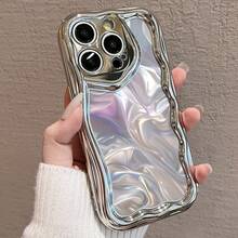 Funda para teléfono 1 pieza Esta es una funda para teléfono de nuevo diseño con un elegante patrón de ondas, adecuada para 16 Pro, 16 Plus, 16 Pro, 16 y 15, 14, 13, 12, 11. Cuenta con recortes de lentes precisos y está hecha de material TPU a prueba de golpes. - Plateado - Ver 6