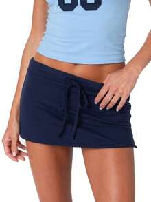 Women Y2k Mini Skirts Solid Color Low Rise Drawstring Skirts Elastic Waist Bow Front Short Skirt Stretchy Side Slit Pencil Skirts Summer Casual Streetwear - Màu xanh hải quân - Xem 5