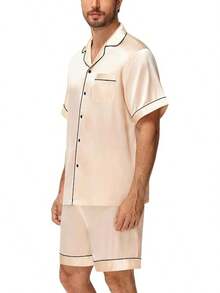 Matching Silk Satin Pajamas Set For Couple Short Sleeve Sleepwear For Women&Men 2pcs Pjs Set Button-Down Nightwear Sethalloween - 香檳色 - 查看 2