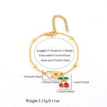 1 件时尚双心空心字母樱桃吊坠金色不锈钢串珠链女式手链