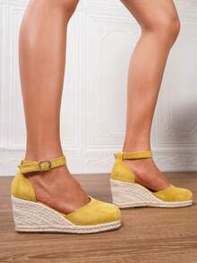 Damen Keilabsatz Sandalen, Sommer Urlaub Slip-On Runde Zehenkappe 8cm Absatz Knöchelriemen Schuhe, Komfortable geflochtene Stroh Cut Out Plateau Sandalen