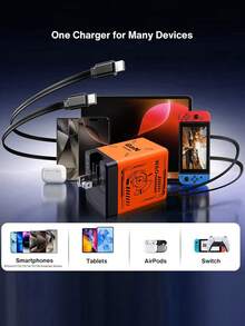 GaN 66W 便携式快速充电器，配备双 80 厘米/32 英寸 66W 可扩展电缆、Type-C+Lightning 输出端口，易于使用，非常适合商务旅行、圣诞节、开学和生日礼物手机充电器高输出功率 - 美規A型插(110-127V) - 查看 8