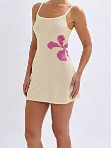 Women's Crochet Knit Floral Mini Cami Dress Sleeveless Open Back Spaghetti Strap Y2K Summer Beach Dress - Vàng-1 - Xem 5