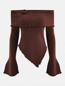 波西米亚风节日派对复古风格露肩纯色 3D 花卉修身长袖套头衫 - 紅棕色 - 查看 5