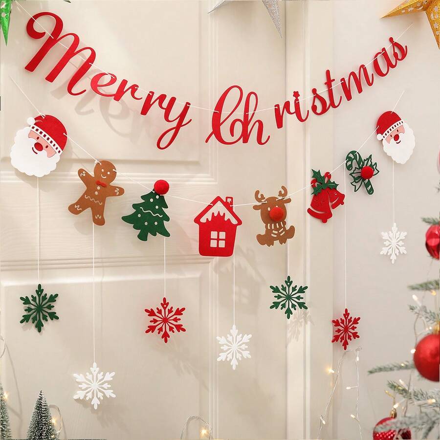 1pc Christmas Party Backdrop Hanging Decoration Set, Includes Cute 3D Felt Santa, Tree, Deer, Bell, Cane Banner & Garland - Multicolor - View 1