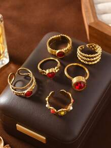 6pcs Vintage Stainless Steel Gold Tone Rings With Red Gem, Beaded Design, Open Style, Suitable For Women's Daily Wear, Gift For Holiday, Engagement, Wedding