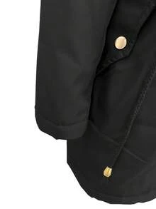 女士冬季外套长袖仿皮草连帽纽扣长外套秋季休闲羊毛衬里保暖夹克黑色 - 深黑色 - 查看 5