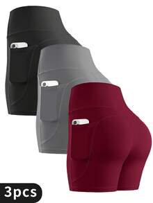 EBIOSVE 3 Pack Women's High Waist Biker Shorts 3" - Squat Proof Yoga Running Gym Shorts With Pockets - 3pcs(Mixed Color) - 查看 1