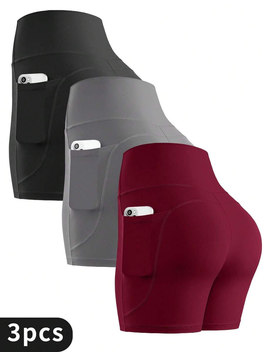 EBIOSVE 3 Pack Women's High Waist Biker Shorts 3" - Squat Proof Yoga Running Gym Shorts With Pockets - 3pcs(Mixed Color) - 查看 1
