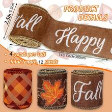 3 Rolls, 2.5inch Fall Glitter Wired Edge Ribbon Autumn Maple Leaves Plaid Ribbon Thanksgiving Fabric Ribbon For Wreath Bow Making DIY Craft Wrapping Fall Decor Halloween Autumn Decor - Multicolor - View 9