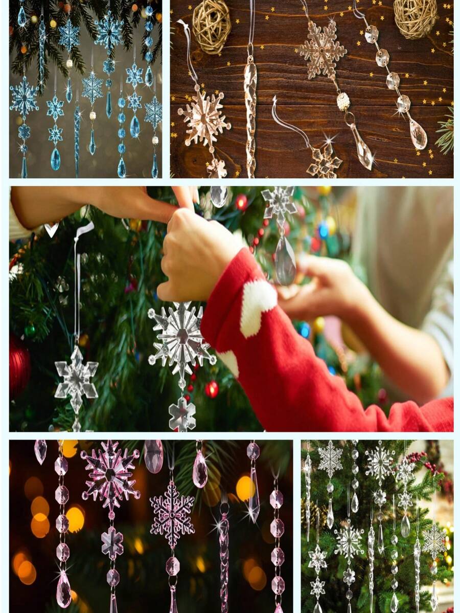 18 قطعة من زينة عيد الميلاد البلورية لتزيين شجرة عيد الميلاد - نجوم الثلج والجليد المعلقة من الأكريليك بلون الشمبانيا مع علاقات، مناسبة لديكور حفلات عيد الميلاد وحفلات رأس السنة الجديدة