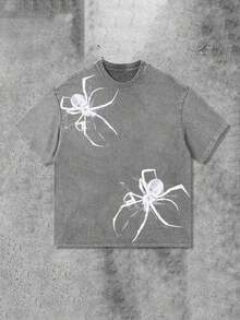 Y2K Spider Print T-Shirt (230g Pure Cotton Washed T-Shirt) 100% Pure Cotton Fabric-Men And Women Street Retro Loose Casual Hip-Hop Washed T-Shirt, Retro Casual All-Matching Fashion Summer Men's Daily Wear T-Shirt - 灰色 - 查看 1