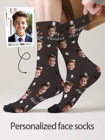 1 Pair Of Customized Face Men's Mid Tube Socks, Put Any Face On Socks, Personalized Socks For With Photos, Interesting Customized Picture Pairs With Medium To Long Socks, Suitable For Valentine's Day, Birthdays, Gift Giving, Halloweenand Other Occasions,Personalized
