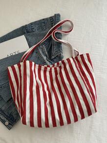 Bolso de lona a rayas retro elegante, de gran capacidad, espacioso y versátil, ideal para el trabajo, la escuela o salir, bolso escolar, bolso de lona, bolso de playa, bolso de compras [Colocación aleatoria de colores a rayas verticales]