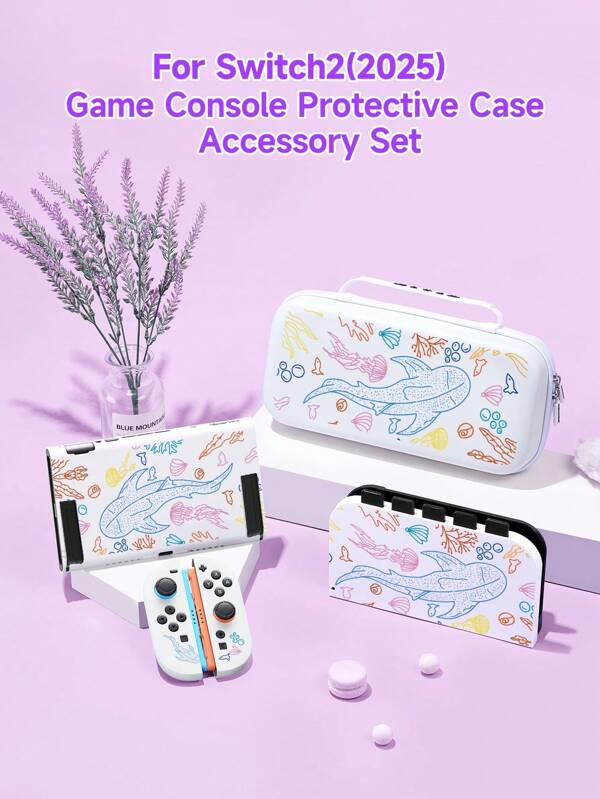 Accesorios para consola Switch2 con diseño de ballena de líneas de colores, set de nueva generación (2025) que incluye funda protectora/cubierta de base/cubierta antipolvo/caja de almacenamiento para tarjetas de juego + tarjeta TF, elegante y práctico, soporte portátil, viaje portátil, anti-caída anti-arañazos, anti-suciedad, regalo romántico a la moda