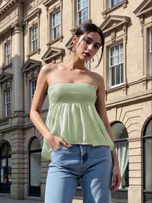 Women Sexy Strapless Ruffle Hem Tube Top Summer Solid Sleeveless Backless Tube Top Pleated Peplum Flowy Bandeau Top - 綠色 - 查看 3