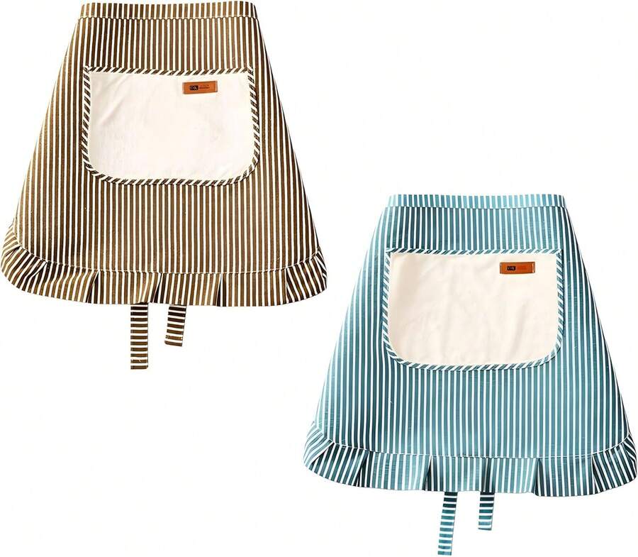 Kitchen Cooking Apron With Pockets, Cotton Striped Waist Apron, Stylish And Cute Half Apron For Restaurant - Blue/Coffee - View 1