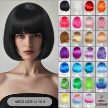 Fashion Women's BoBo Wigs, Short Straight Hair With Bangs Wigs, Multiple Pastel Colors Bob Anime Cosplay Wigs For Party Costume Wigs For Ladies, Pink Green Black Blonde Red Brown Blue White Purple Orange Yellow Rainbow Colorful Hairpiece For Holiday Comic Con Exhibition Celebration Daily Wigs For Birthday Gifts, Sassy Rockabilly Punk Cool Unique Rock & Roll 80s Wig