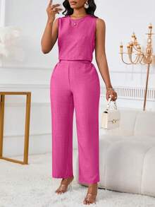 2pcs Women Casual Elegance Sleeveless Tank Top And Long Pants Set With Slant Pockets And Button Details Summer - Peach Pink - View 5