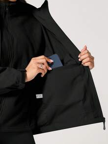 NcmRyu 1pc Women's Solid Color Hidden Pocket Windbreaker Long Sleeve Ski Jacket With Hood - Black - View 8