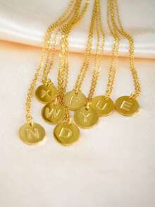 1pc Minimalist Stainless Steel Round Gold Initial 26 Necklace, Suitable For Women - Yellow Gold - View 2