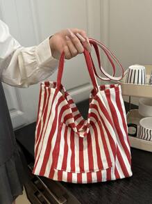 Bolso de lona a rayas retro elegante, de gran capacidad, espacioso y versátil, ideal para el trabajo, la escuela o salir, bolso escolar, bolso de lona, bolso de playa, bolso de compras [Colocación aleatoria de colores a rayas verticales]