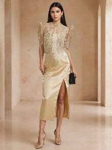 Amyenjoylife 现代菲律宾风蝴蝶袖女士春夏蕾丝泡泡袖短款开衫披肩，香槟色上衣 - 香檳色 - 查看 3