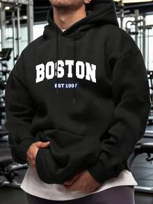 男士 Boston EST 1997 復古印花套頭運動衫，寬鬆休閒長袖街頭風衛衣，適合戶外運動、健身房健身上衣 - 黑色 - 查看 8