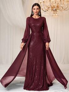 Elisanya Damen formales, elegantes und luxuriöses Chiffonkleid mit Pailletten und Langarm für Bankette