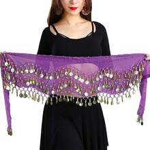Chiffon Belly Dance Hip Scarf With 128 Coins For Yoga Class - 紫色 - 查看 5