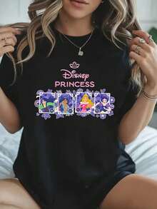 Short Sleeve Round Neck T-Shirt With Cartoon Image Printed On It, Casual And Fashionable Short Sleeve T-Shirt, Micro Elastic, Non-See-Through, Easy To Care For Material, Ideal Daily Wear, Ladies T-Shirt - 黑色 - 查看 1