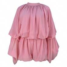 2pcs Set: Solid Color Casual Pleated Long Sleeve Top And Shorts - Pink - View 6
