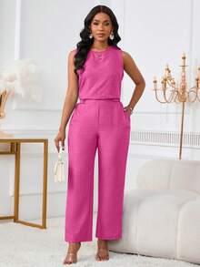 2pcs Women Casual Elegance Sleeveless Tank Top And Long Pants Set With Slant Pockets And Button Details Summer - Peach Pink - View 8