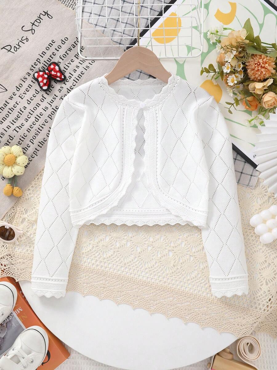 Young Girl Essentials White Rhombus Knit Cardigan, Hollow-Out Design - White - View 1