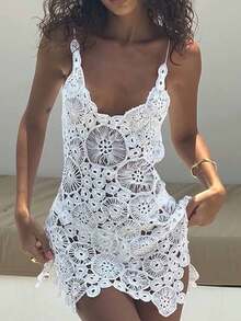 Women Crochet Swimsuit Coverups Slim U Neck Hollow Out Sleeveless Irregular Hem Mini Beach Dress - trắng - Xem 1