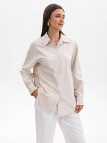 Schlichte Knopf-Langarmbluse, Damen Bluse, Frühling/Sommer neue Aprikot Farbe Damen Hemd, locker sitzende elegante Bluse, einfarbige Knöpfe, minimalistisch für Alltag und Büro, Damen Arbeitsuniform, Büromode, Lehrerin, Urlaubsoutfit, Hemd im Stil des Nationalfeiertags in Saudi-Arabien und im Nahen Osten, Collegejacke, europäische Businessmode