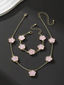 1 Set Elegant Fashionable Lucky Pink Clover Pendant Necklace & Bracelet Jewelry Set, Wedding Gift