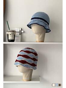 1pc Vintage Striped Handmade Hollow Out Bucket Hat, Women Summer Outdoor Sun Protection Hat, Contrast Color Stripes Handcrafted Knitted Bucket Hat, Women Autumn/Winter Outdoor Petite Size Knitted Cap, Versatile Autumn Accessories